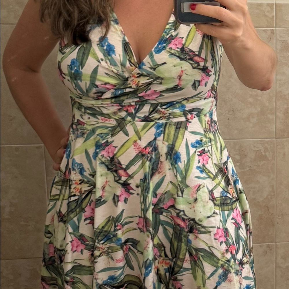 Cross chest day dress green and white floral light dress